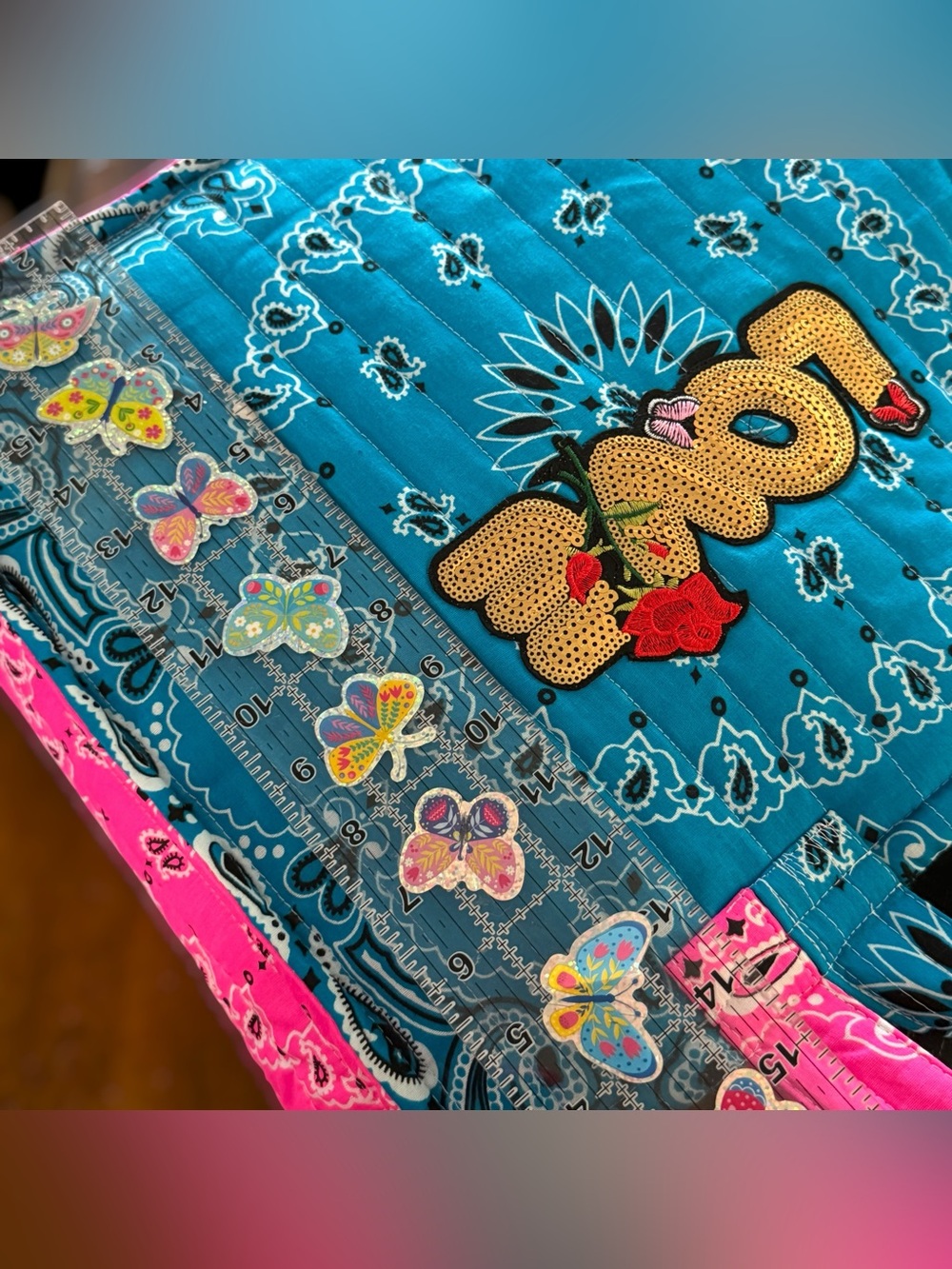 WHERE DID YOU GET THAT BAG Handmade Quilted Bandana Bag Turquoise & Pink - Picture 14 of 16